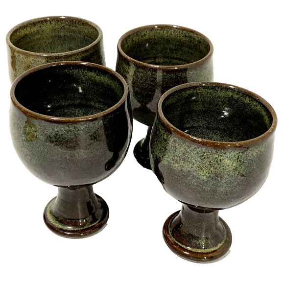Vintage Jugtown Pottery Glazed Goblets Wine Glasses Green Brown Artisan Handmade - Picture 5 of 12
